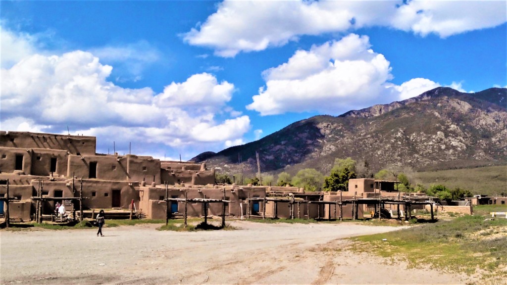 mountain backdrop, showing Pueblo Indian housing in Taos, New Mexico