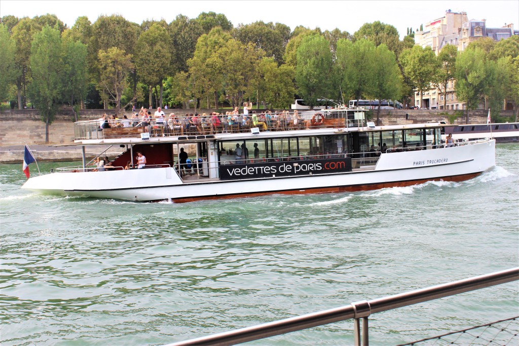 a boat speeding along on the River Seine